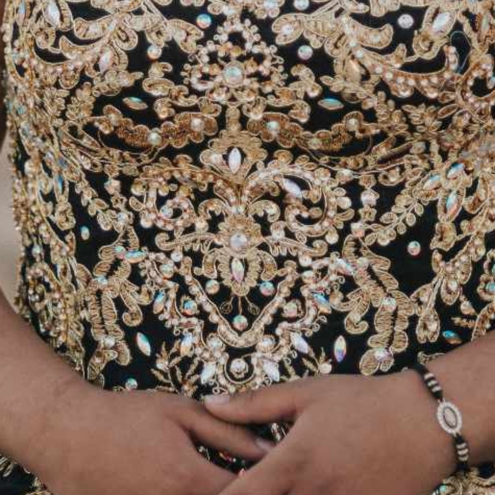 Prom Wedding Quinceañera Black Gold Ball Gown Iridescent gems detachable cape - Picture 10 of 10